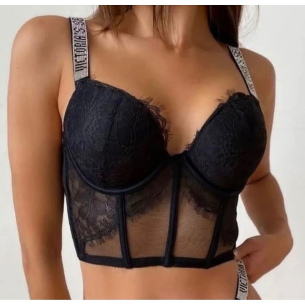 Victorias Secret Shine Strap‎ Push-Up Corset Top Black Lace Rhinestone 32B